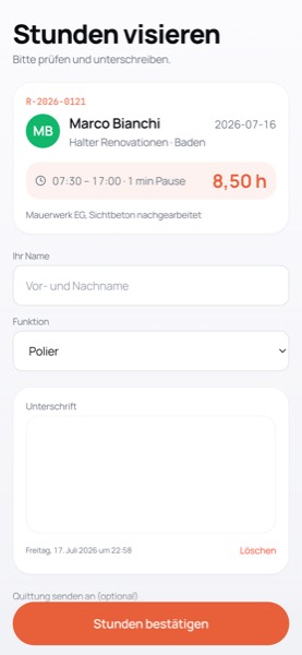 Visierungsseite: Unterschrift des Poliers