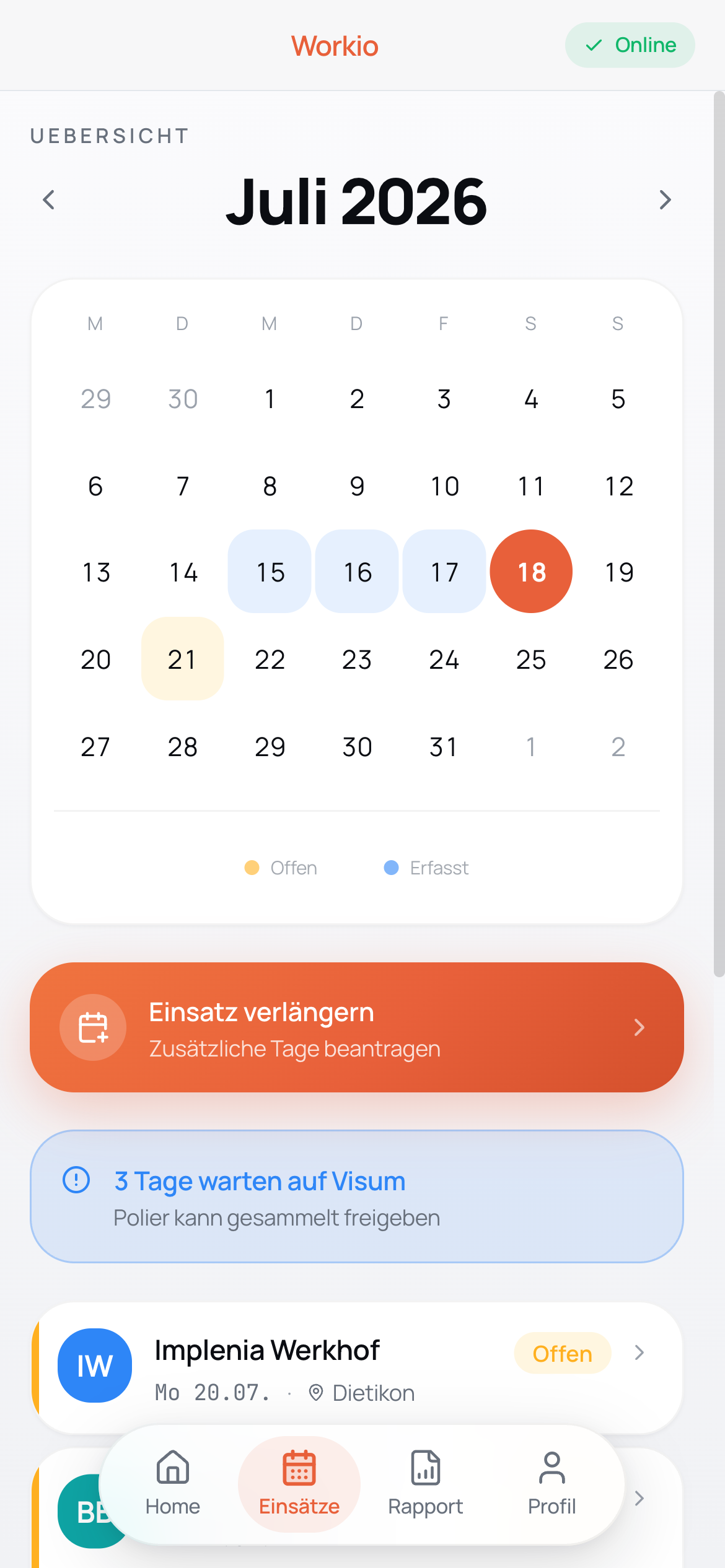 Workio Worker-App: Einsatz-Kalender
