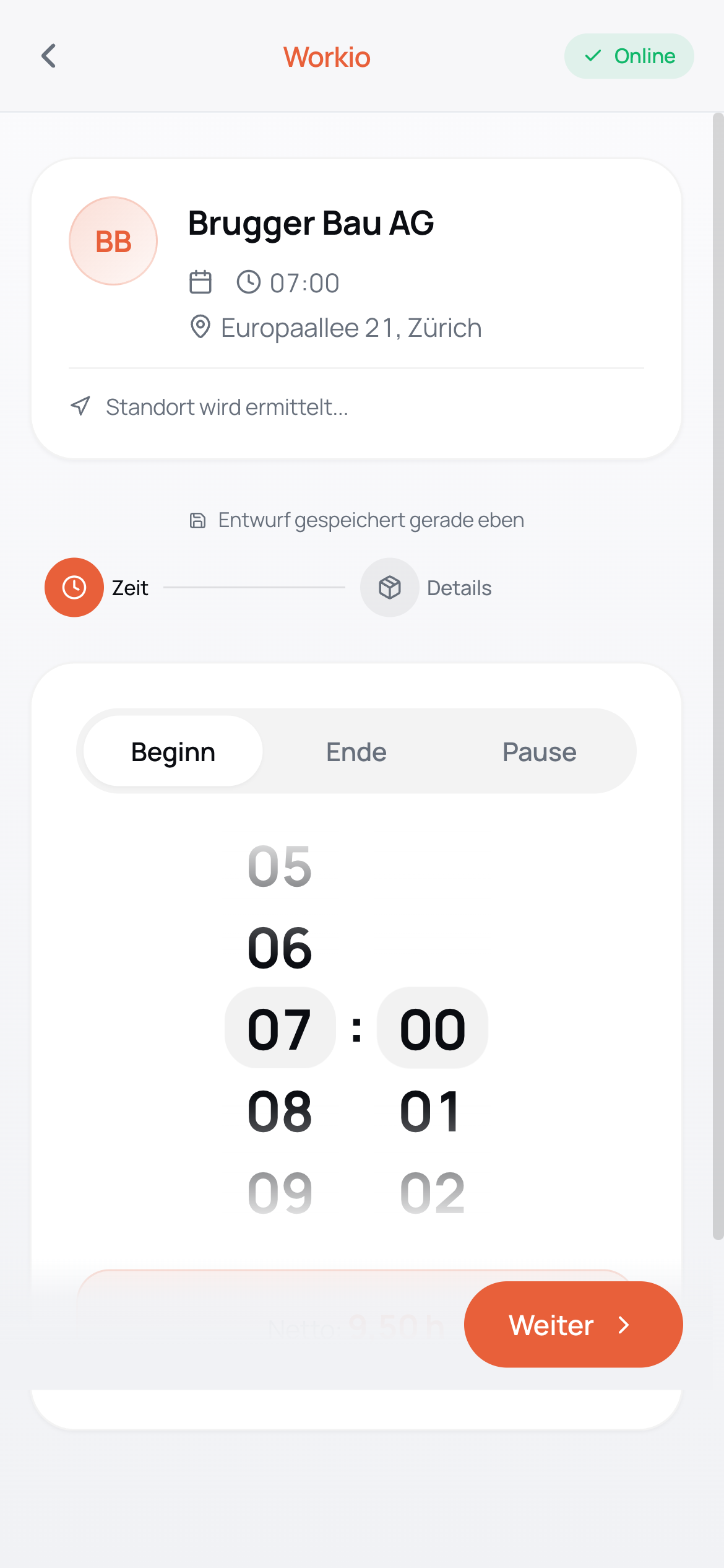 Workio Worker-App: Stunden erfassen mit Zeit-Picker