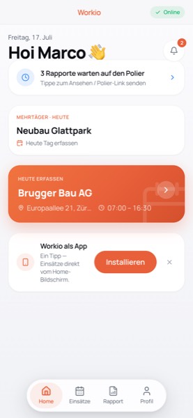 Worker-App: Stoppuhr, heutiger Einsatz, Stunden im Monat