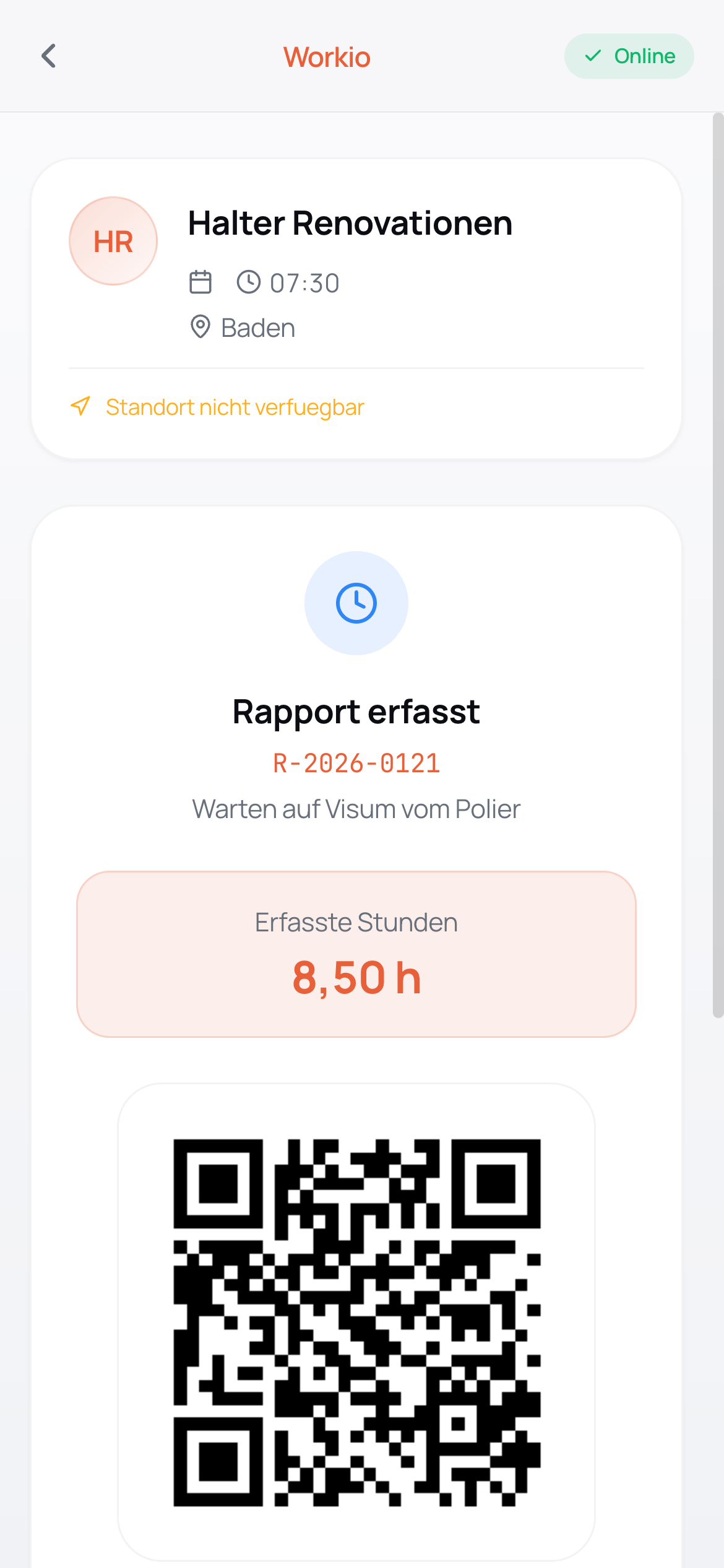 Workio Worker-App: Rapport erfasst, QR-Code für Polier-Visum