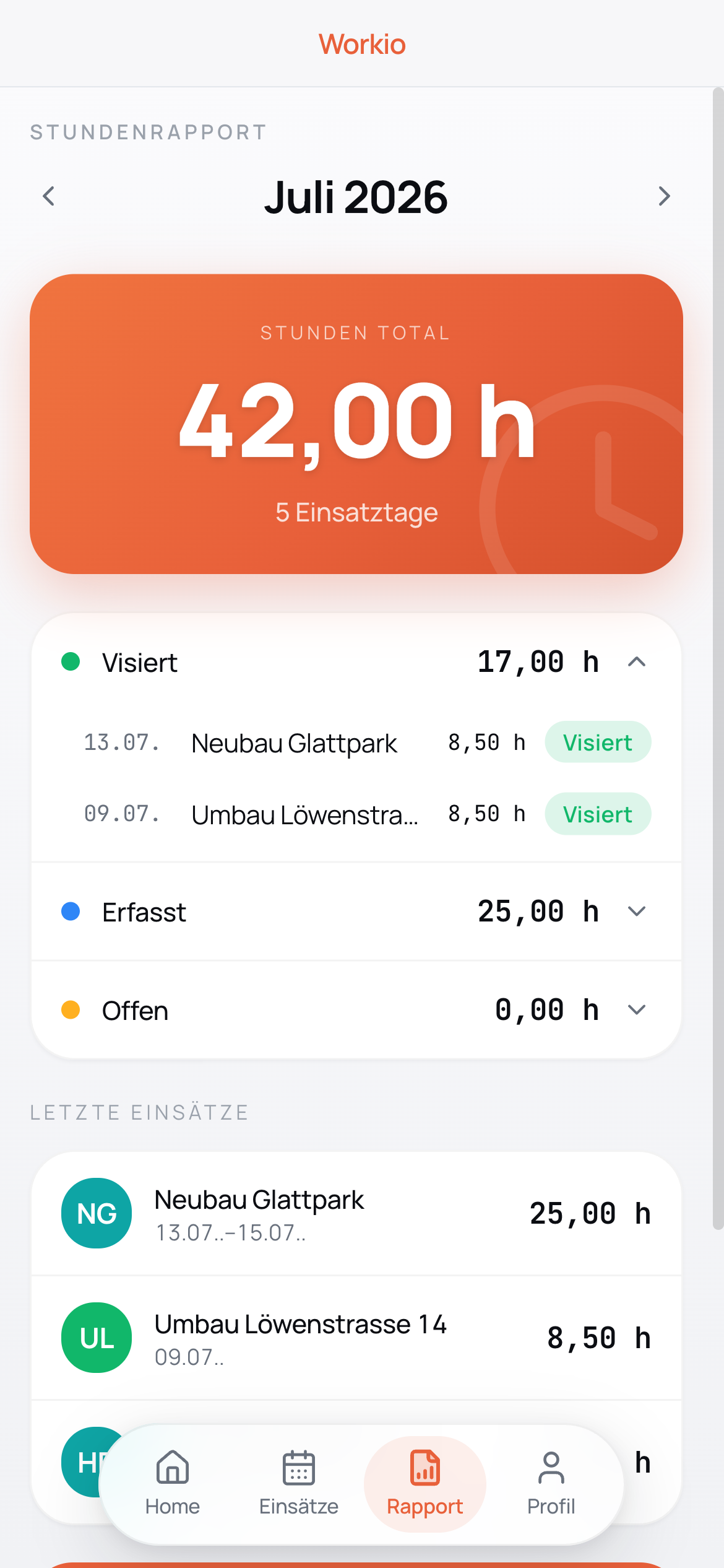 Workio Worker-App: Rapport mit aufgeklappten visierten Einsätzen