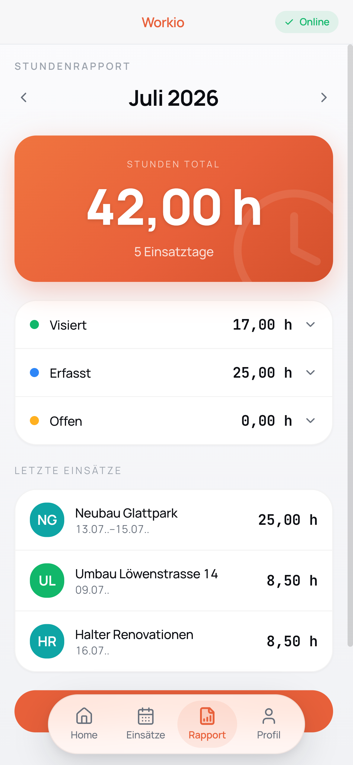Workio Worker-App: Stundenrapport mit PDF-Export